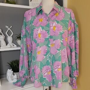 Pink and Green Floral Long Sleeve Blouse